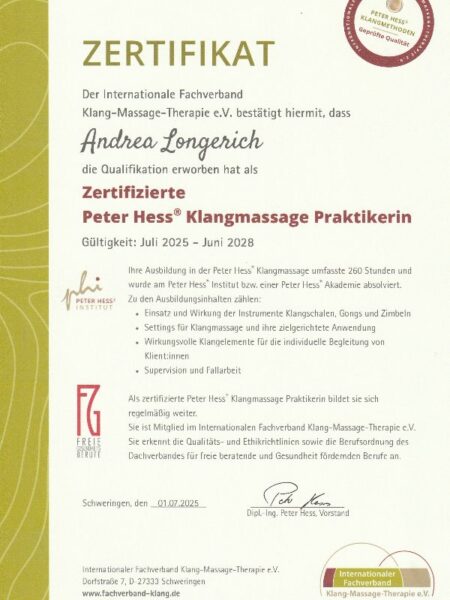 Seelenbalance Biedenkopf - Zertifikat Peter Hess®-Klangmassage-Praxis